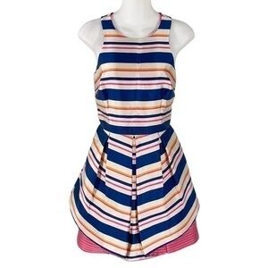 Trina Turk tan navy pink orange stripe sleeveless flare dress C.C9